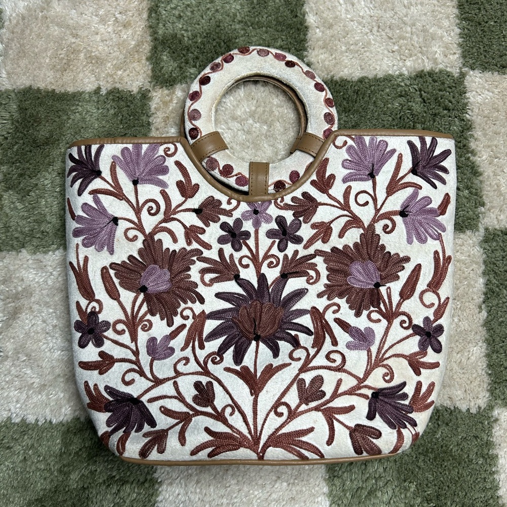 Kashmiri hand Embroidered Floral Tote Bag - Cream and Brown with vegan leather